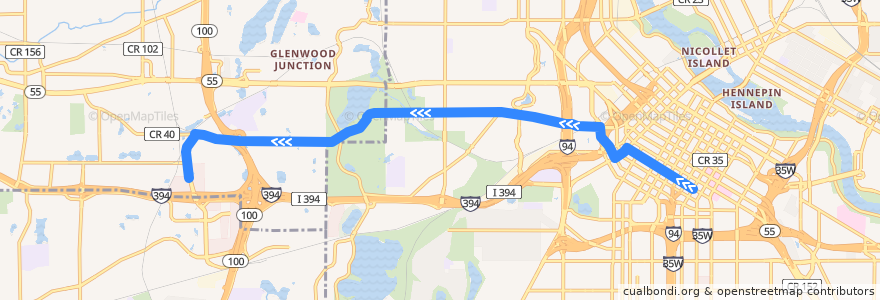 Mapa del recorrido Metro Transit 9B (westbound) de la línea  en Hennepin County.