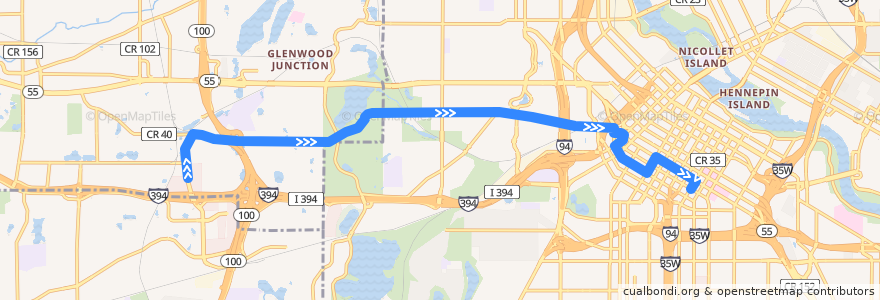 Mapa del recorrido Metro Transit 9 (eastbound) de la línea  en Hennepin County.