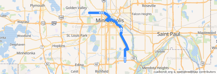Mapa del recorrido Metro Transit 7C (northbound late night) de la línea  en Minneapolis.