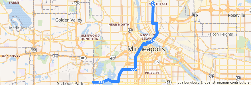 Mapa del recorrido Metro Transit 17B (westbound) de la línea  en Minneapolis.