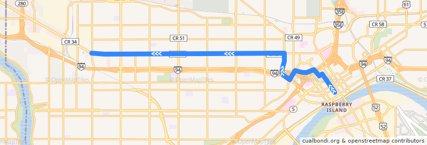 Mapa del recorrido Metro Transit 16A (westbound) de la línea  en St. Paul.