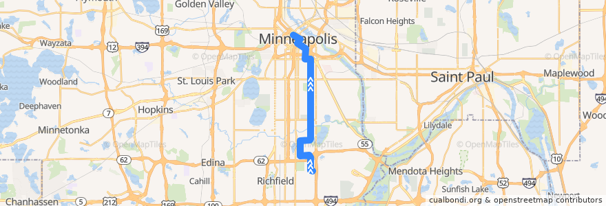 Mapa del recorrido Metro Transit 14 (northbound) de la línea  en Minneapolis.