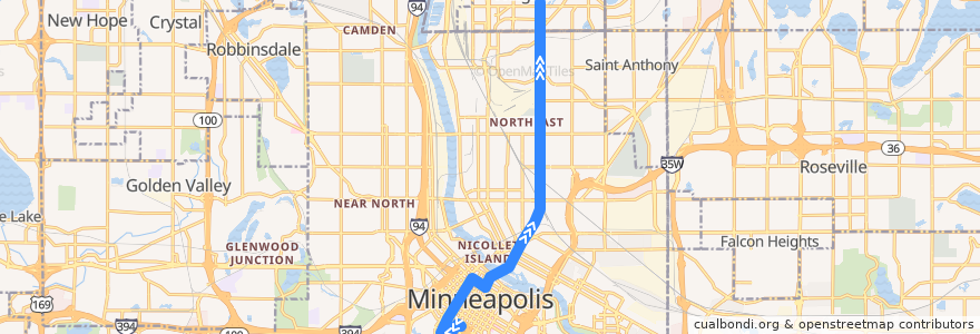 Mapa del recorrido Metro Transit 10C (northbound) de la línea  en Minneapolis.