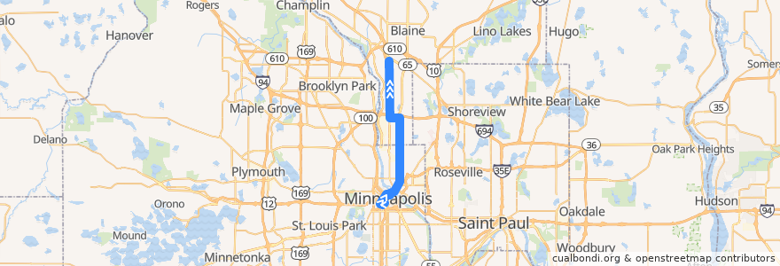 Mapa del recorrido Metro Transit 10U (northbound) de la línea  en Minnesota.