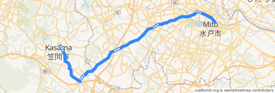 Mapa del recorrido 茨城交通バス①系統 友部駅⇒旭台団地⇒水戸駅 de la línea  en Ibaraki Prefecture.