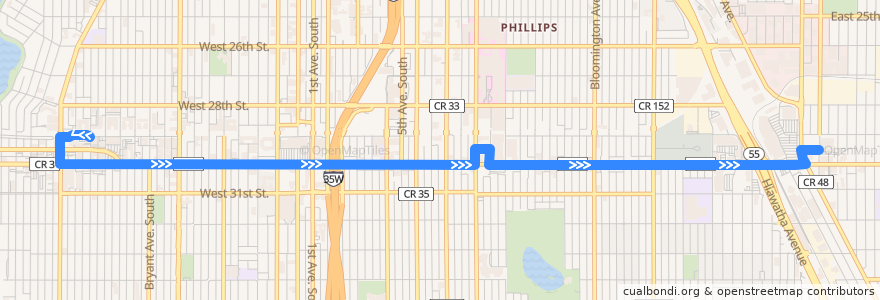 Mapa del recorrido Metro Transit 21E (eastbound) de la línea  en Minneapolis.