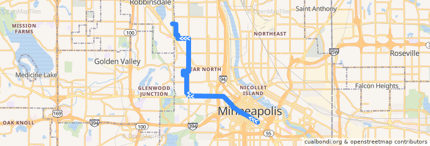 Mapa del recorrido Metro Transit 19Y (northbound) de la línea  en Minneapolis.