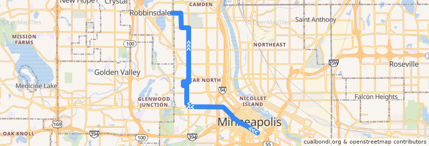 Mapa del recorrido Metro Transit 19H (northbound) de la línea  en Minneapolis.