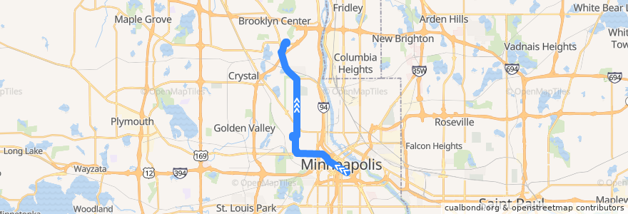 Mapa del recorrido Metro Transit 19B (northbound) de la línea  en Minneapolis.