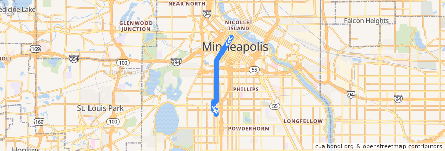 Mapa del recorrido Metro Transit 18X (southbound) de la línea  en Minneapolis.