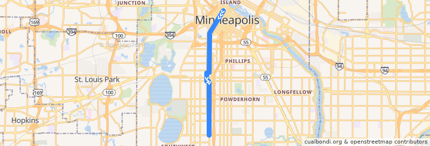 Mapa del recorrido Metro Transit 18A (southbound) de la línea  en Minneapolis.