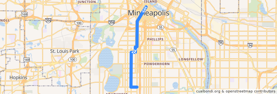 Mapa del recorrido Metro Transit 18G (southbound) de la línea  en Minneapolis.