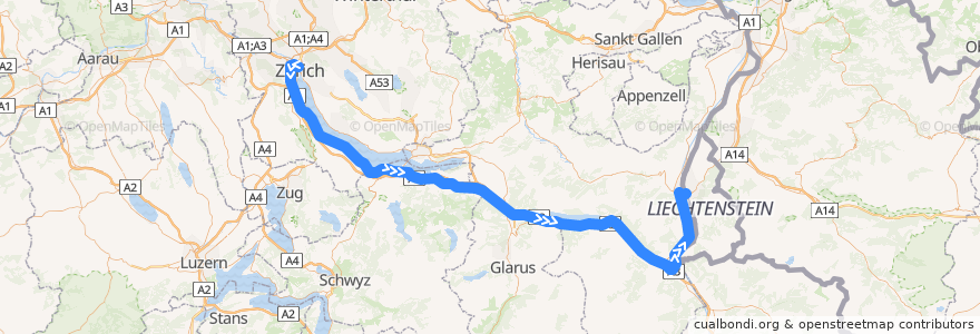 Mapa del recorrido EN 40465: Zürich => Zagreb de la línea  en Schweiz/Suisse/Svizzera/Svizra.