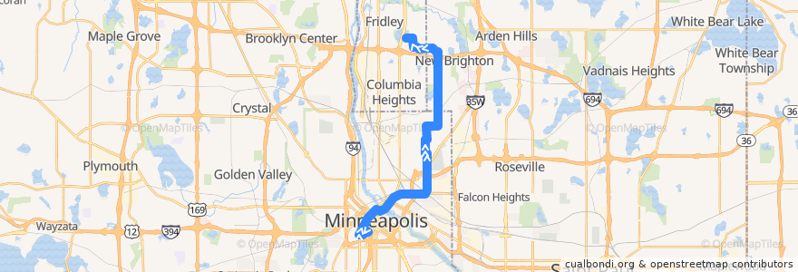 Mapa del recorrido Metro Transit 25D (northbound) de la línea  en Minnesota.