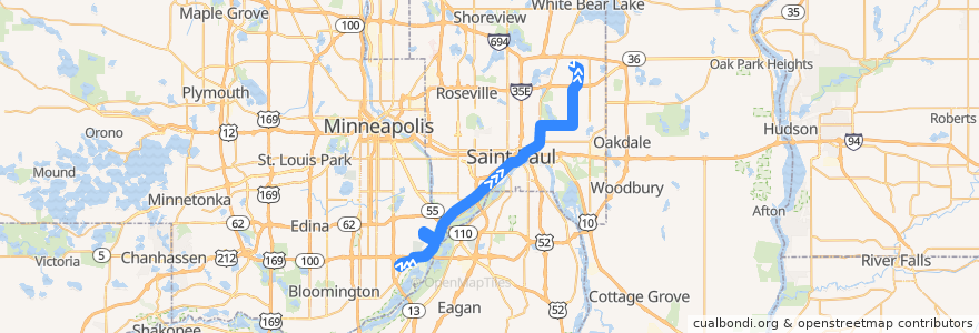 Mapa del recorrido Metro Transit 54M (eastbound) de la línea  en Minnesota.