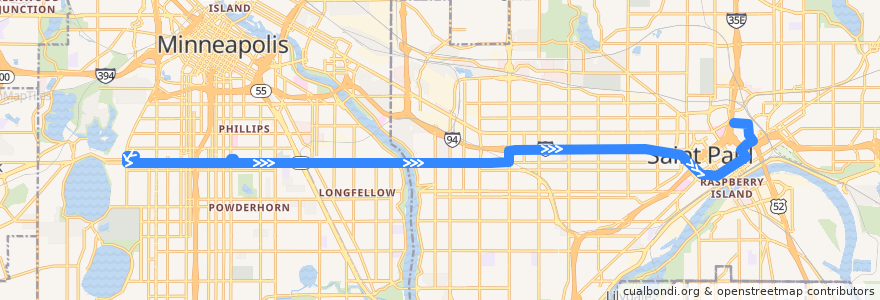 Mapa del recorrido Metro Transit 53 (eastbound) de la línea  en ミネソタ州.