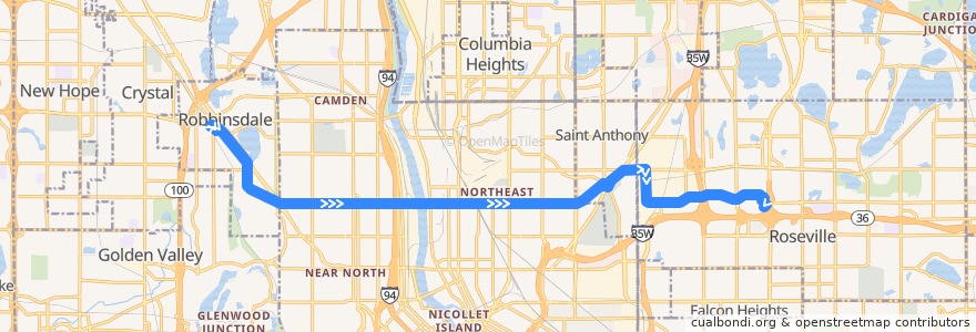 Mapa del recorrido Metro Transit 32B (eastbound) de la línea  en Minnesota.