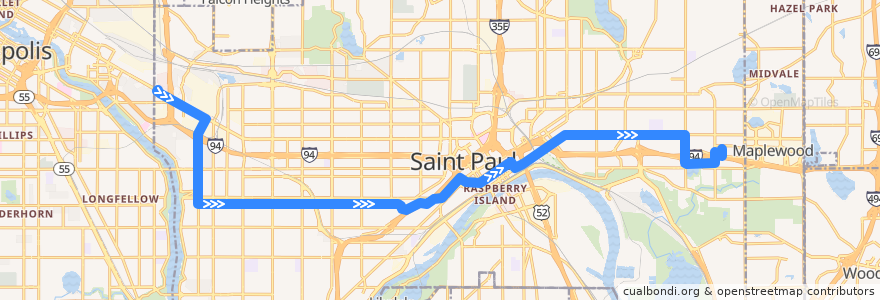 Mapa del recorrido Metro Transit 63S (eastbound) de la línea  en St. Paul.