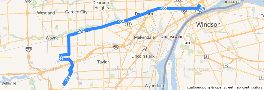 Mapa del recorrido 261 WB: Detroit => Metro Airport via Amazon de la línea  en مقاطعة وين.