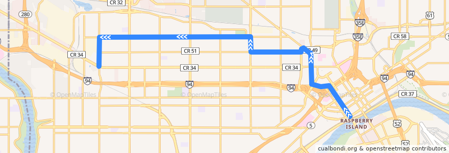 Mapa del recorrido Metro Transit 67A (westbound) de la línea  en St. Paul.