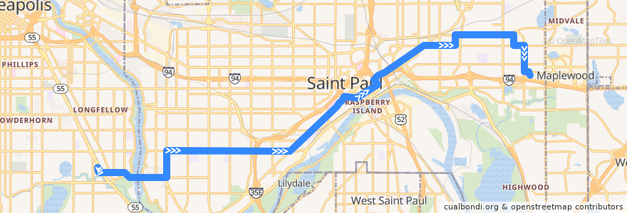 Mapa del recorrido Metro Transit 74C (eastbound) de la línea  en St. Paul.