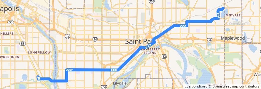 Mapa del recorrido Metro Transit 74K (eastbound) de la línea  en St. Paul.