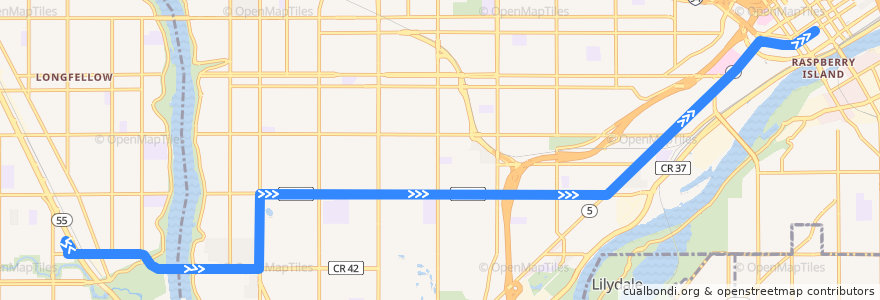 Mapa del recorrido Metro Transit 74 (eastbound) de la línea  en St. Paul.