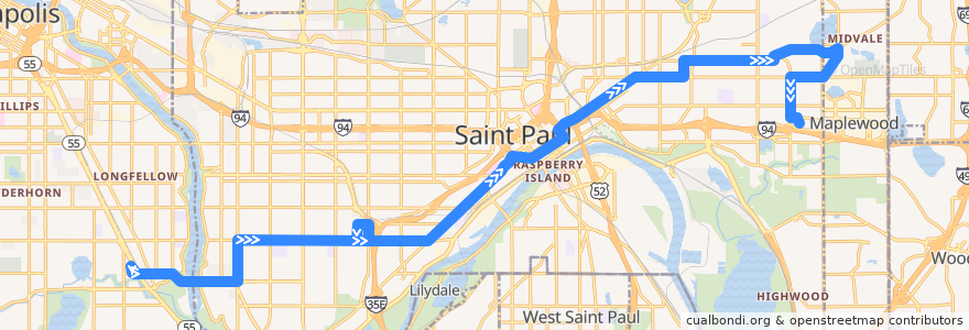 Mapa del recorrido Metro Transit 74S (eastbound) de la línea  en St. Paul.