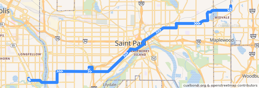 Mapa del recorrido Metro Transit 74G (eastbound) de la línea  en St. Paul.