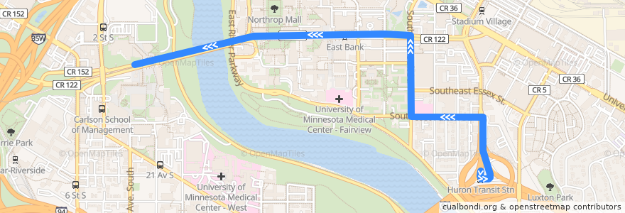 Mapa del recorrido Metro Transit 129 (westbound) de la línea  en Minneapolis.