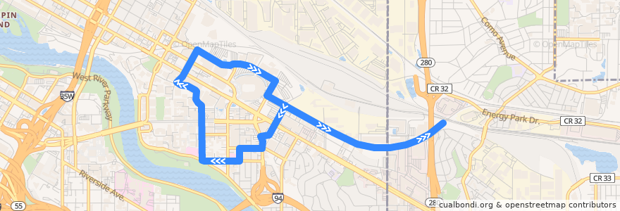 Mapa del recorrido Campus Shuttle 120 East Bank Circulator de la línea  en Minneapolis.