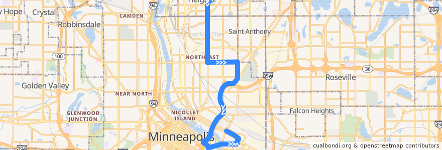 Mapa del recorrido Metro Transit 118 (southbound) de la línea  en Minneapolis.