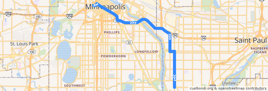 Mapa del recorrido Metro Transit 134A (eastbound) de la línea  en Minnesota.