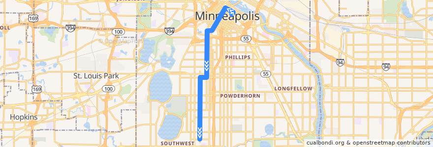 Mapa del recorrido Metro Transit 135 (southbound) de la línea  en Minneapolis.