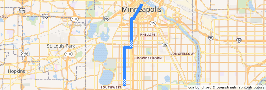 Mapa del recorrido Metro Transit 135 (northbound) de la línea  en Minneapolis.