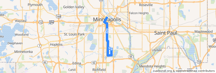 Mapa del recorrido Metro Transit 133 (northbound) de la línea  en Minneapolis.