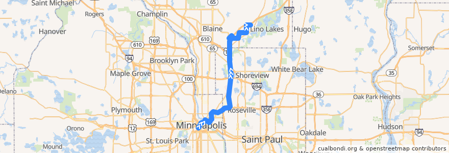 Mapa del recorrido Metro Transit 250S (northbound) de la línea  en Minnesota.