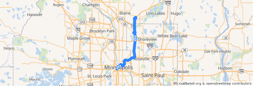 Mapa del recorrido Metro Transit 250C (northbound) de la línea  en Minnesota.