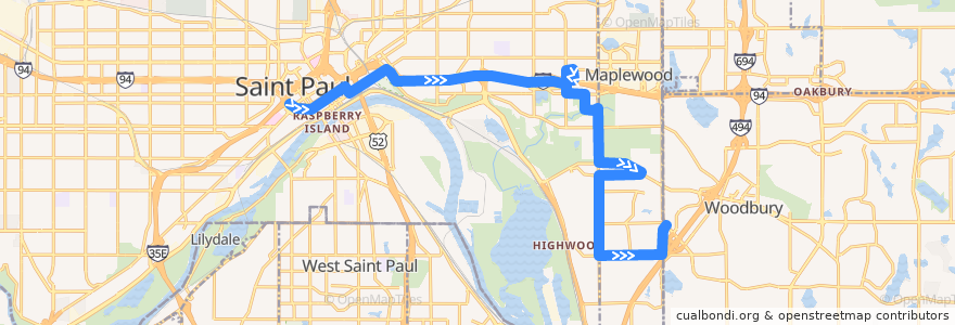 Mapa del recorrido Metro Transit 350 (eastbound) de la línea  en Ramsey County.