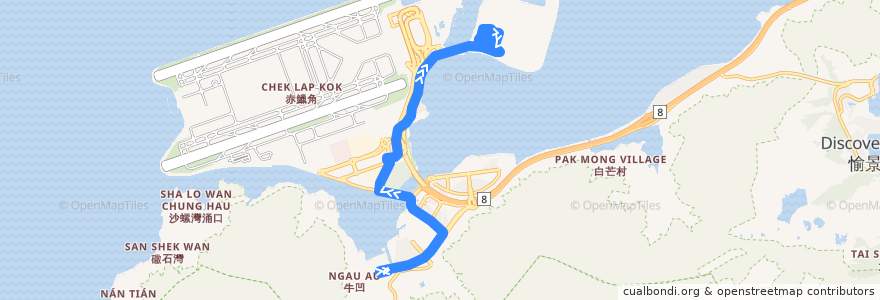 Mapa del recorrido 嶼巴B6線 New Lantao Bus B6 (滿東邨 Mun Tung Estate → 大橋香港口岸 HZMB HK Port) de la línea  en 離島區 Islands District.