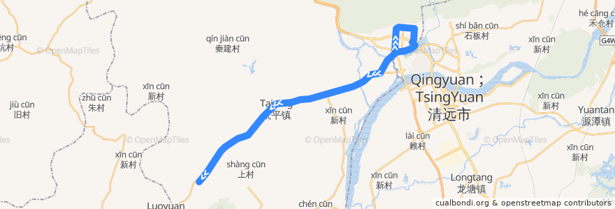 Mapa del recorrido 清远217路公交（城北客运站→三坑客运站） de la línea  en 칭신구.