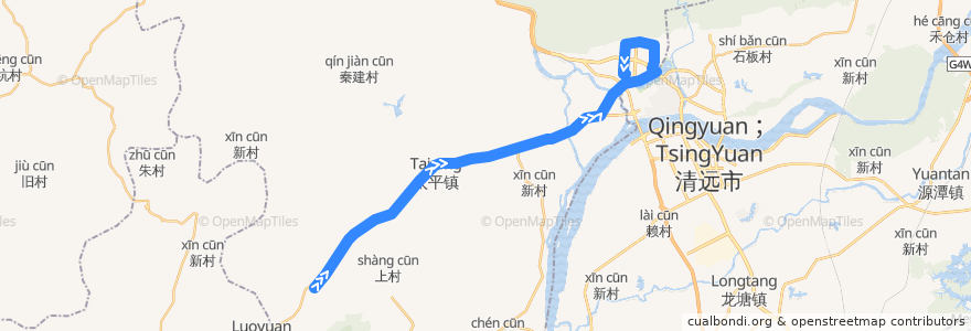 Mapa del recorrido 清远217路公交（三坑客运站→城北客运站） de la línea  en Цинсинь.