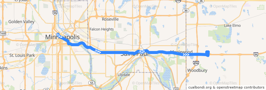 Mapa del recorrido Metro Transit 375 (eastbound) de la línea  en Minnesota.