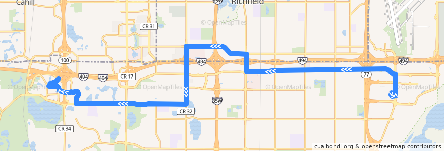 Mapa del recorrido Metro Transit 542B (westbound) de la línea  en Bloomington.