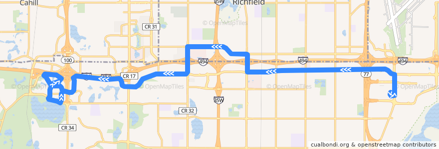 Mapa del recorrido Metro Transit 542A (westbound) de la línea  en Bloomington.