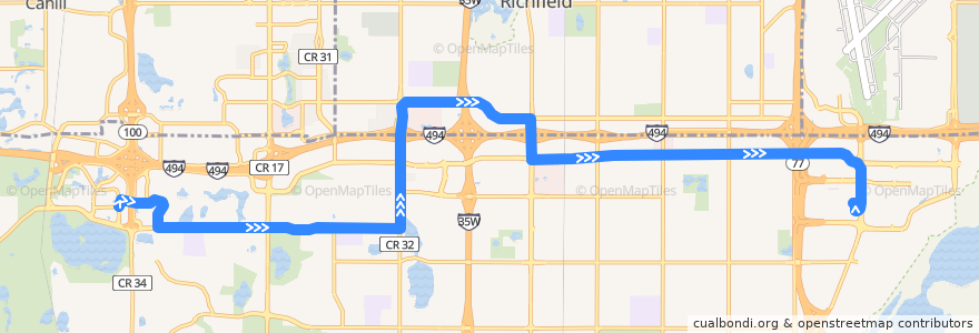 Mapa del recorrido Metro Transit 542B (eastbound) de la línea  en Bloomington.