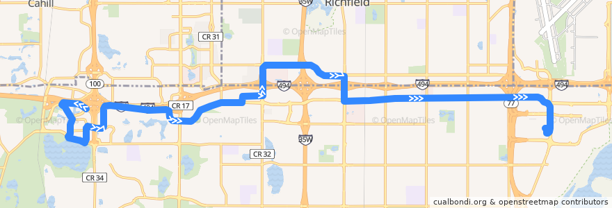 Mapa del recorrido Metro Transit 542A (eastbound) de la línea  en Bloomington.