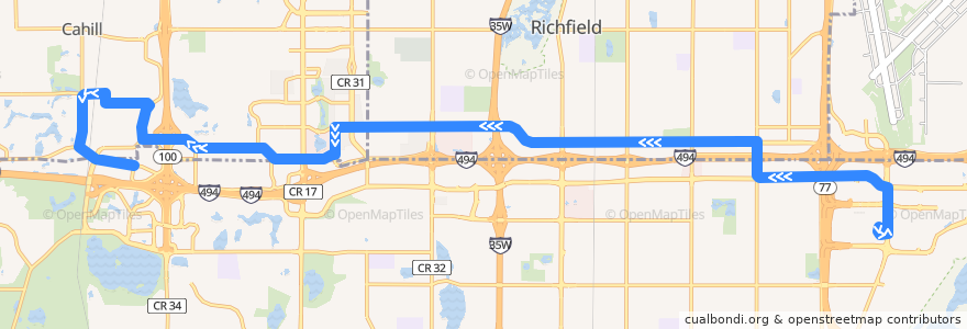 Mapa del recorrido Metro Transit 540B (westbound) de la línea  en Hennepin County.