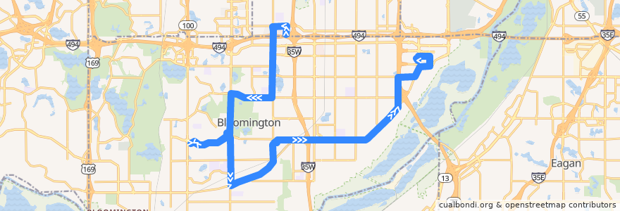 Mapa del recorrido Metro Transit 539 (eastbound) de la línea  en Bloomington.