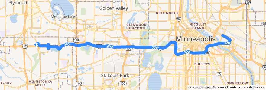 Mapa del recorrido Metro Transit 652 (eastbound) de la línea  en Hennepin County.